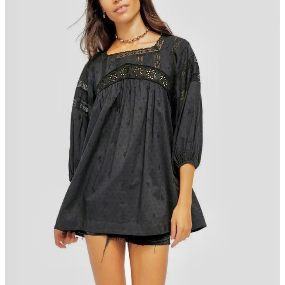 Free People Lace Eyelet Buttons 3/4 Sleeve Square Neck Top Black Size Sm